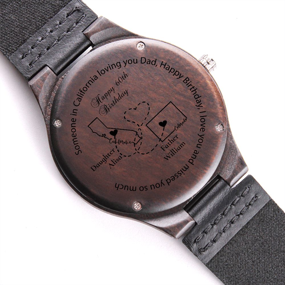 Personalized gifts customizable message card for dad 60th birthday card with engraved watch in a Mahogany/2 tone jewelry box. To my dad from daughter son